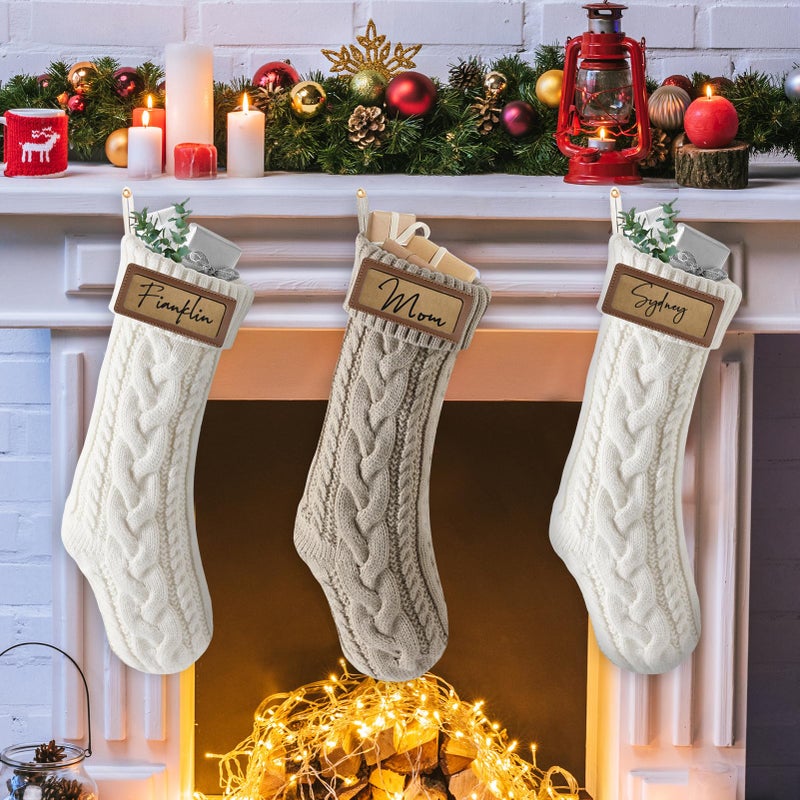 steo spce Personalized Christmas Stocking with Leather Patches Custom Name Family Christmas Stockings  18.5  Large Knitted Xmas Stockings for Kids  Holiday and Fireplace Party Decoration - 4Pcs - Image 5
